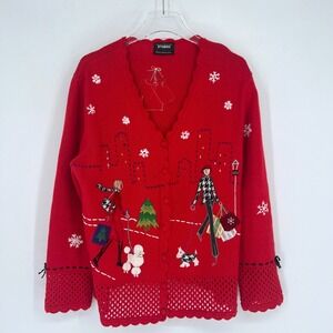Vtg Studio Joy Sweater‎ Womens L Red Holiday Christmas Shopping City Embroidered